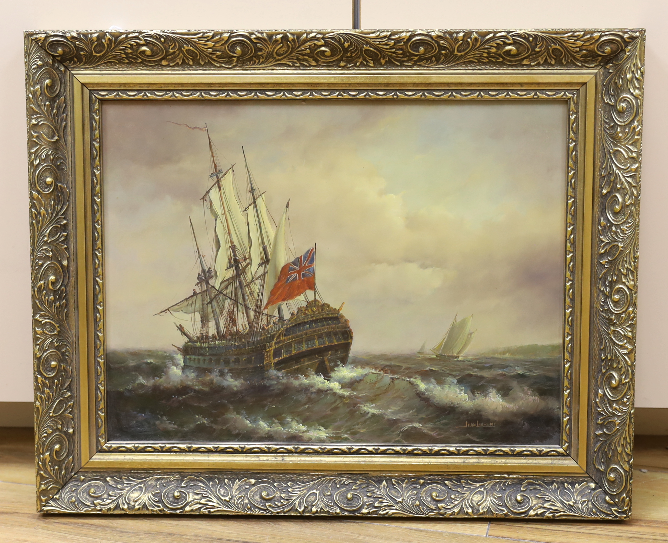 Jean Laurent (French, 1898-1988), oil on board, Early 19th century naval frigate, signed, 29 x 39cm
